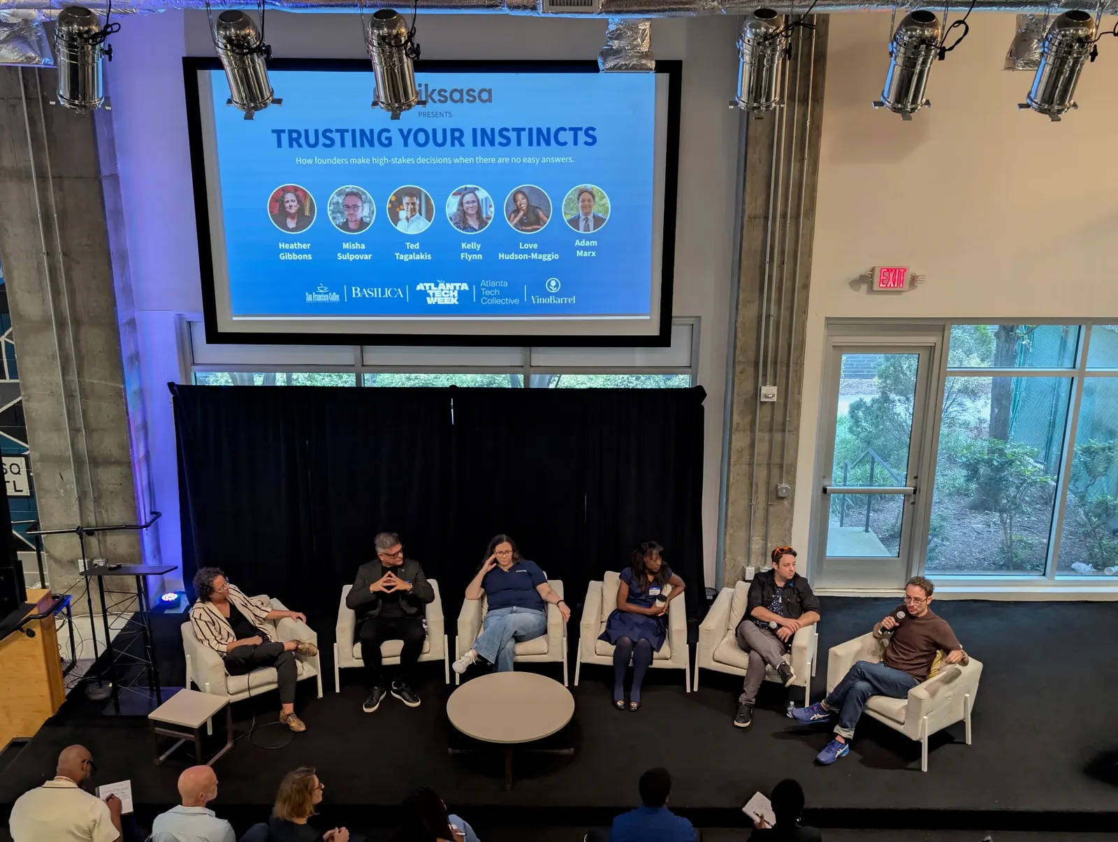 "Trusting Your Instincts" founder panel at a Kiksasa-presented Founder Central event, with Heather Gibbons, Misha Sulpovar, Ted Tagalakis, Kelly Flynn, Love Hudson-Maggio, and Adam Marx.