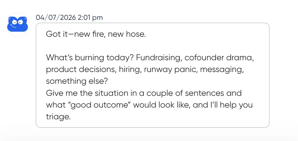 Screenshot of Kiksasa Hub's Kiki chat agent triaging a founder's question and routing it to the right resource.