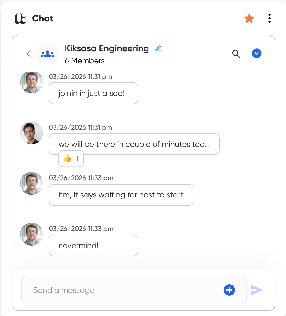 Screenshot of Hub's Team Chat, direct messaging built for a founder's own team, separate from community discussions.