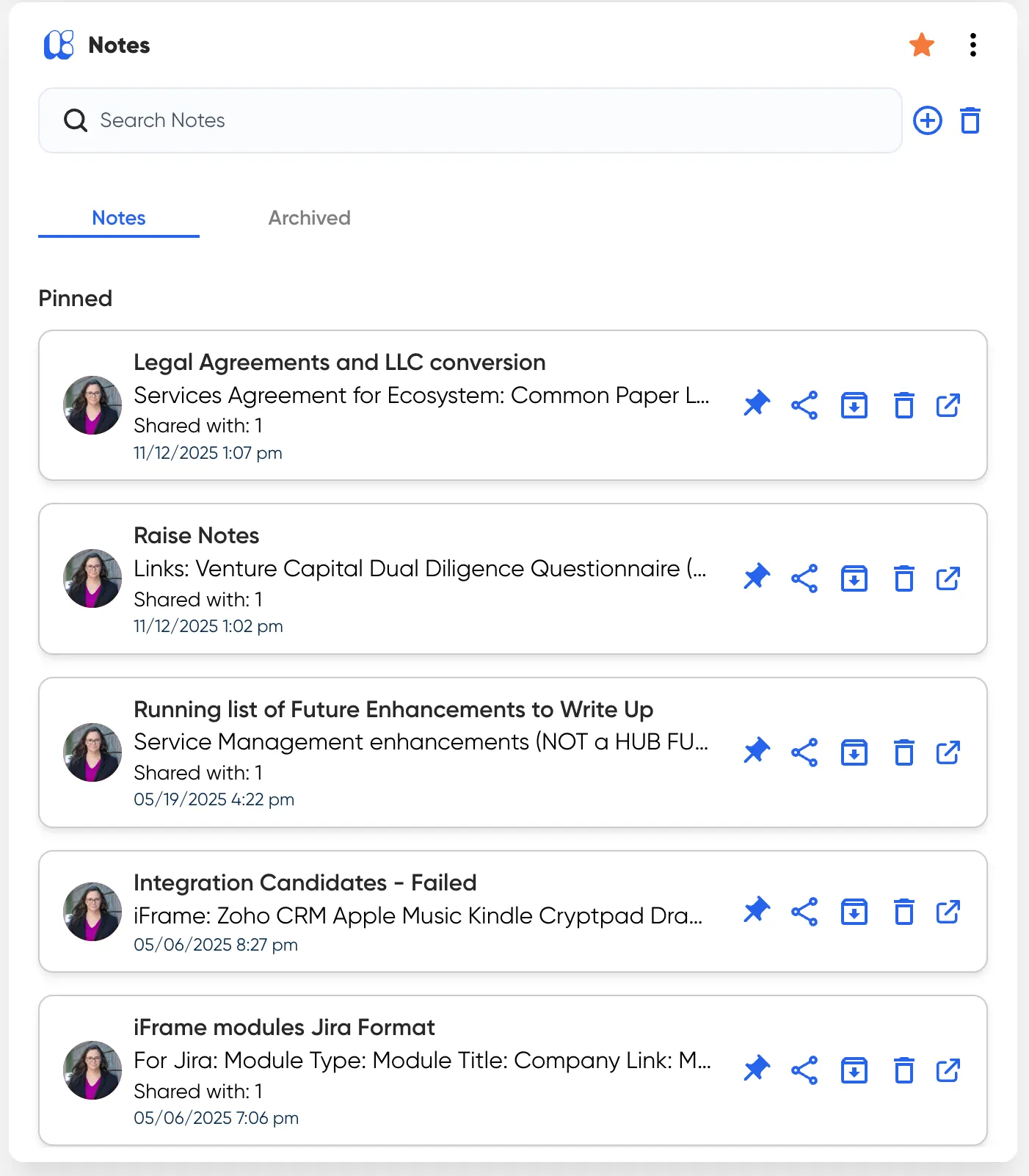 Screenshot of Hub's built-in Notes app for founders to capture working notes without leaving Hub.