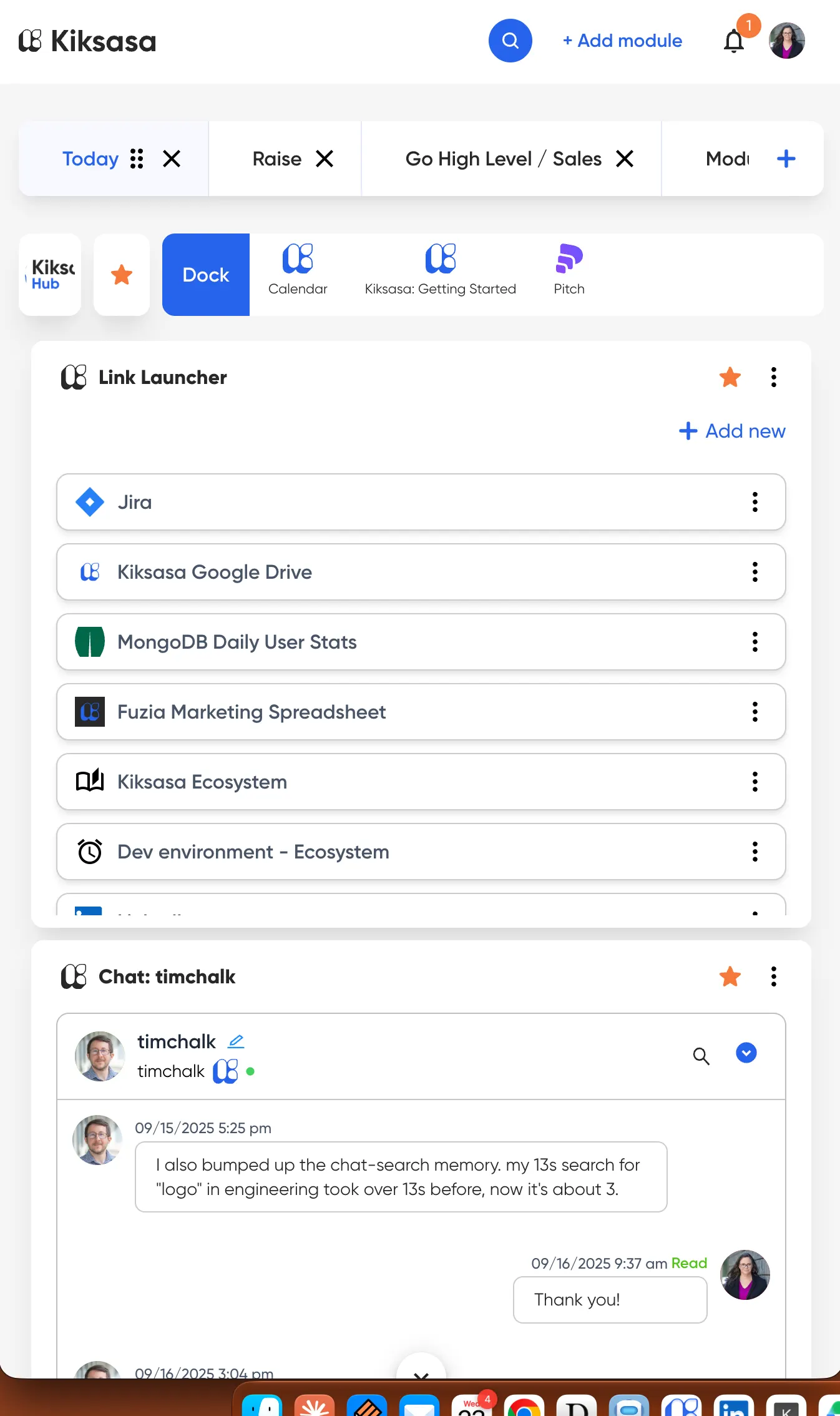 Screenshot of Hub's Dock and Link Launcher, a pinboard for a founder's own tools and links.
