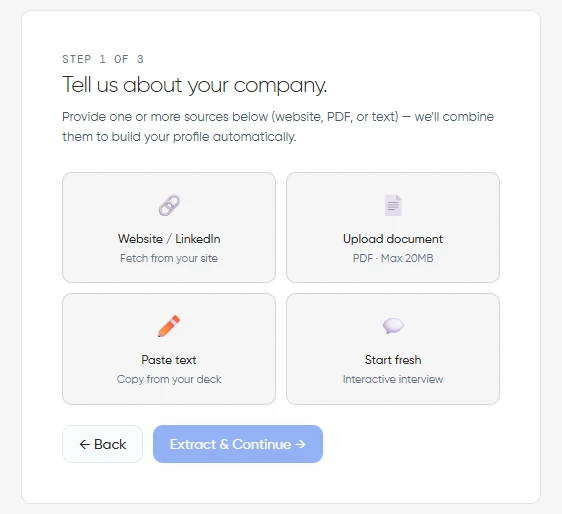 Screenshot of Prospector's "Tell us about your company" screen, with options to add a website or LinkedIn URL, upload a document, paste text, or start with an interactive interview.