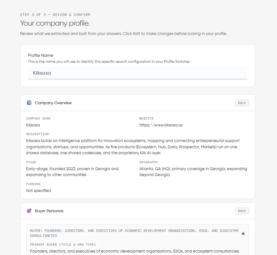 Screenshot of Prospector's "Your company profile" screen, showing the profile name, company overview, and buyer personas, each with an Edit button.