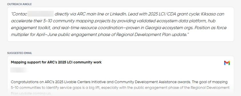 Screenshot of Prospector's outreach angle and suggested email for a regional commission's 2025 grant cycle.